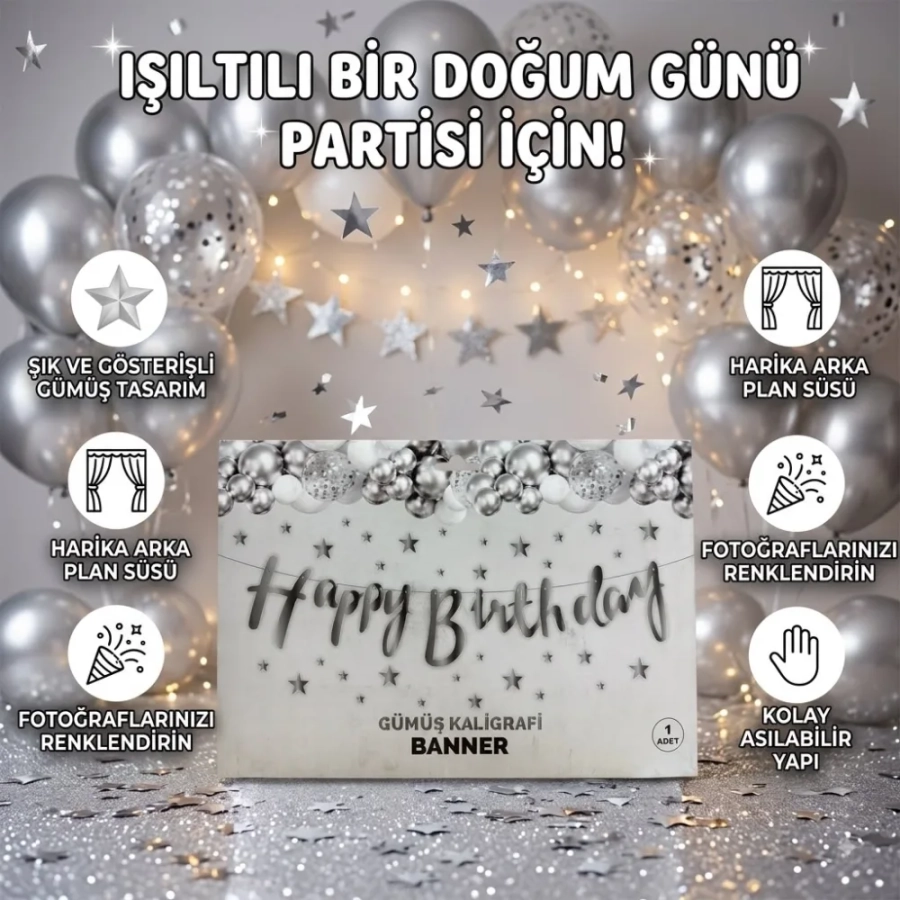 HAPPY BIRTHDAY GÜMÜŞ KALİGRAFİ BANNER