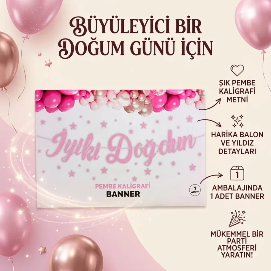 İYİKİ DOĞDUN PEMBE KALİGRAFİ BANNER