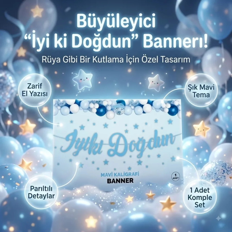 İYİKİ DOĞDUN MAVİ KALİGRAFİ BANNER