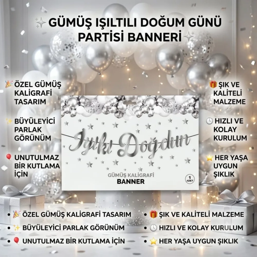 İYİKİ DOĞDUN GÜMÜŞ KALİGRAFİ BANNER