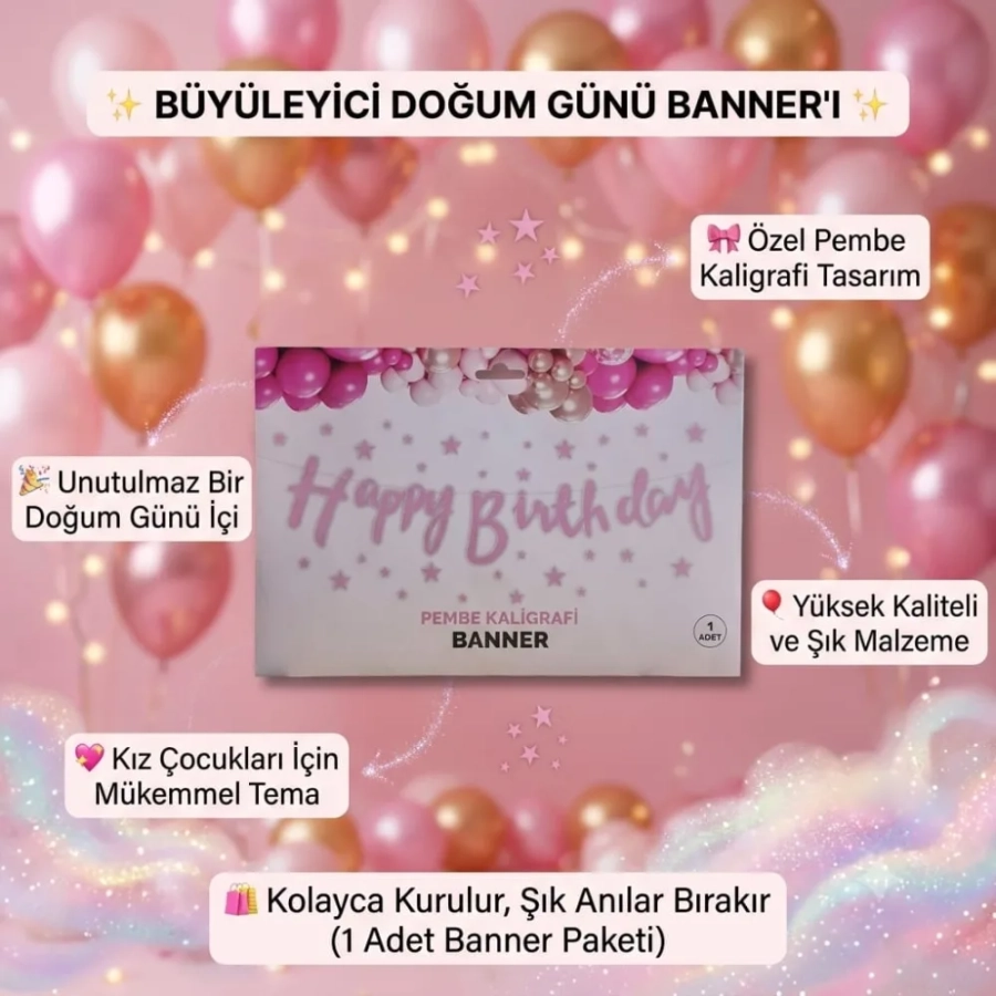 HAPPY BIRTHDAY PEMBE KALİGRAFİ BANNER
