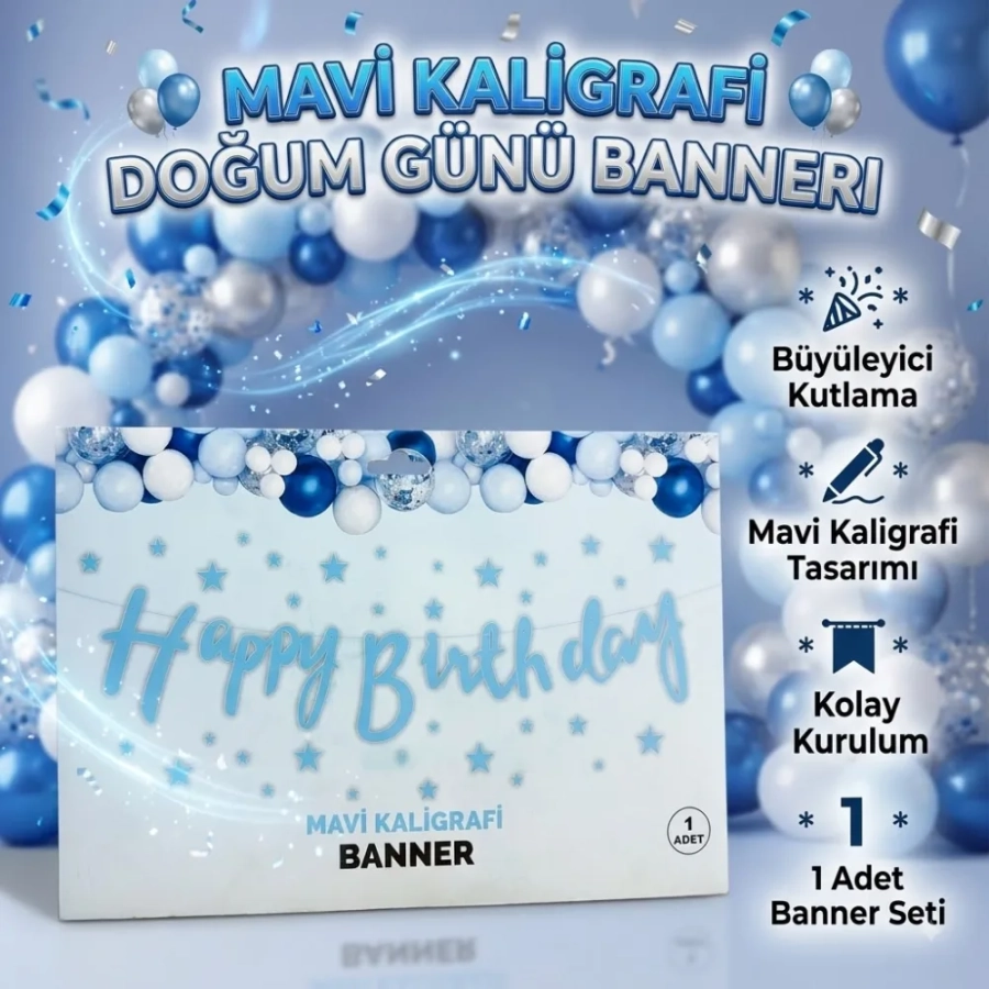 HAPPY BIRTHDAY MAVİ KALİGRAFİ BANNER