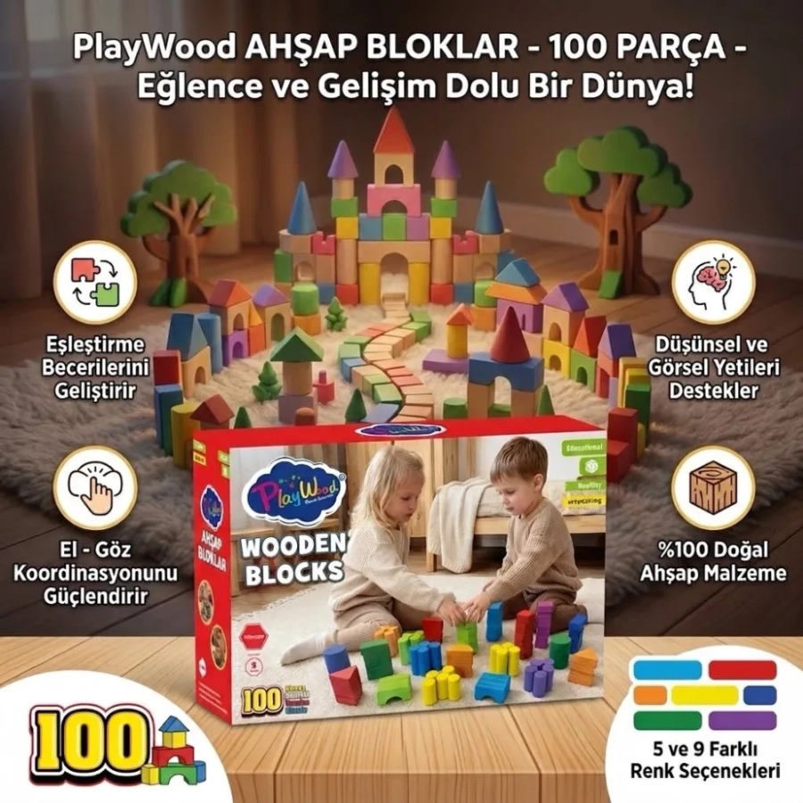 KUTUDA AHŞAP 100PCS.RENKLİ BLOKLAR